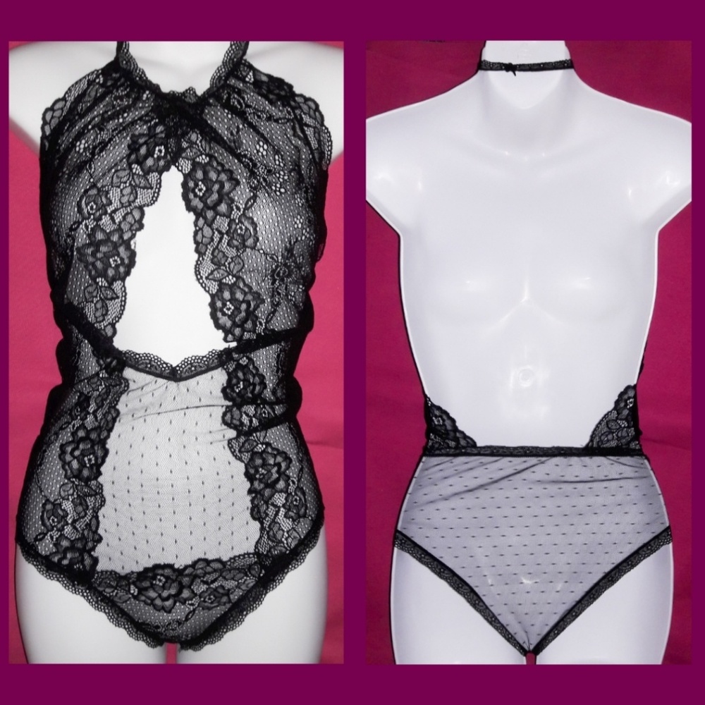 Black Mesh Lace Halter Bodysuit Romper Teddy O/S - Picture 2 of 5